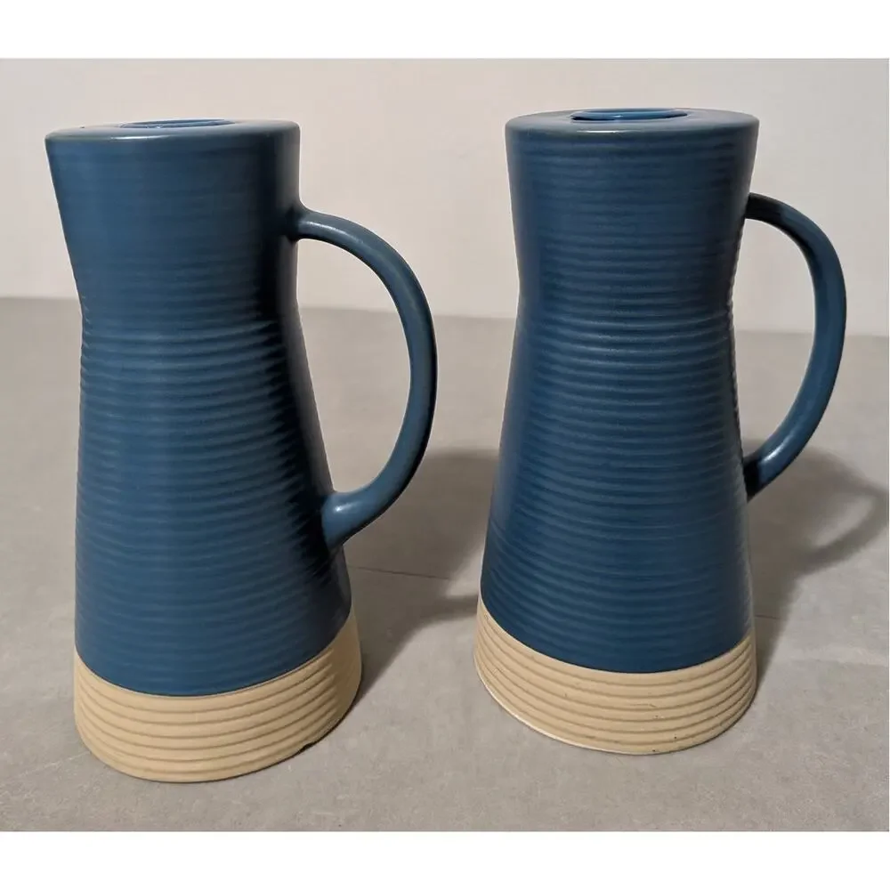Crate & Barrel Sibely Ceramic Taper Holders Mid Century Modern Farmhouse Blue